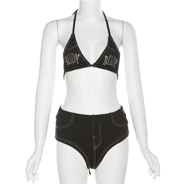 Hot Diamond Embroidery Exposed Umbilical Tie up Sexy Hip Bikini Swimsuit Set