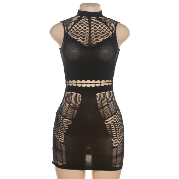 Sexy fishing net perspective hollowed out high waisted long sleeved tight fitting dress short skirt