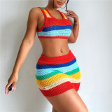 Sexy Hollow Knitted High Waist Contrast Skirt Set