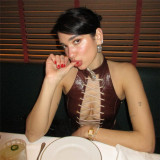 Women's crocodile patterned imitation leather slim fitting hollow open back strap short tank top