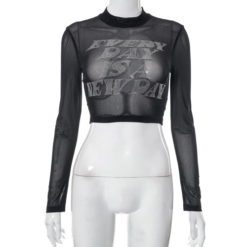 Hot Diamond Mesh Tight Short Open Navel Round Neck Short Sleeve T-shirt