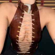 Women's crocodile patterned imitation leather slim fitting hollow open back strap short tank top Women's crocodile patterned imitation leather slim fitting hollow open back strap short tank top