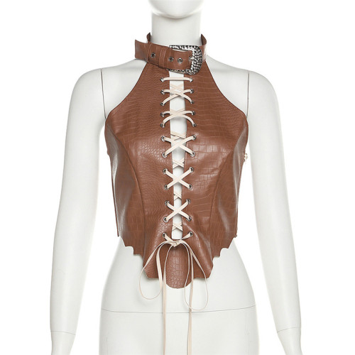 Women's crocodile patterned imitation leather slim fitting hollow open back strap short tank top