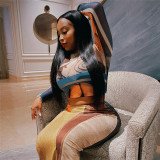 Fashionable 3D mesh printed round neck long sleeved slim fitting long skirt set