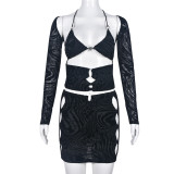 Chest wrapped, hollowed out, navel exposed, and neck hanging sexy hot girl three piece set