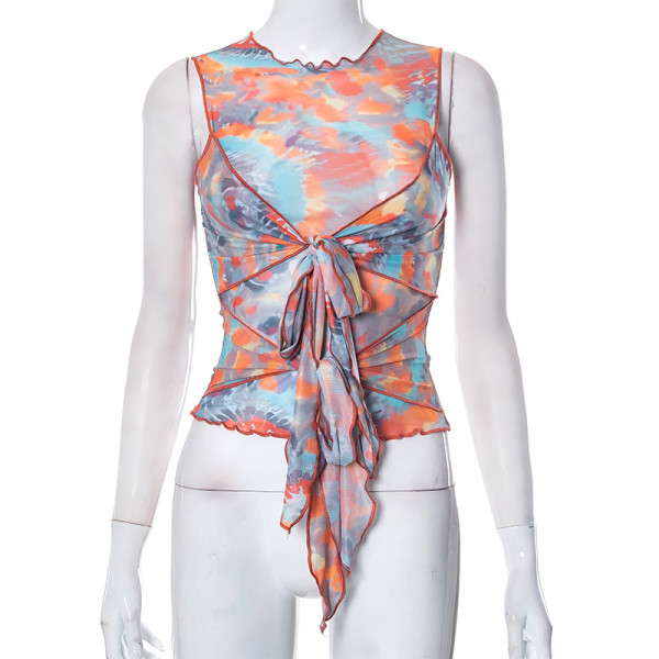 Printed Mesh Sleeveless Tank Top Personalized Strap T-shirt