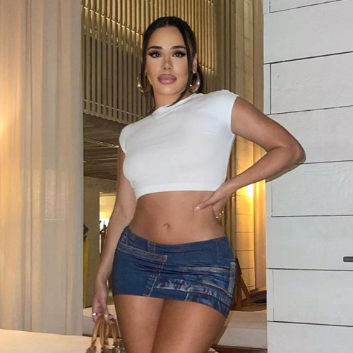 Personalized street denim printed short skirt with exposed navel and covered buttocks skirt