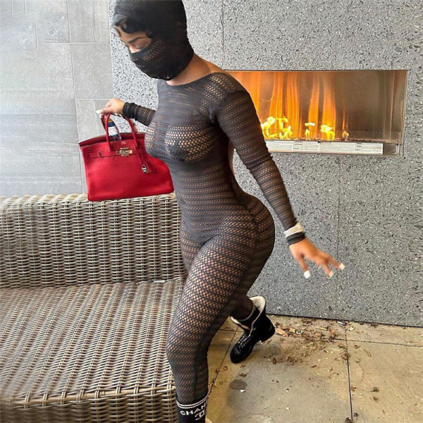 Sexy Mesh Perspective High Waist Hooded Long Sleeve Tight Off Back jumpsuit