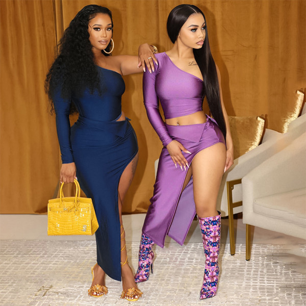 Sexy Off Shoulder High Split Wrap Hip Long Dress Two Piece Set