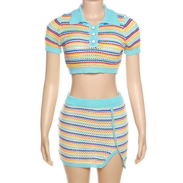 Fashion Polo Neck Short Sleeve Umbilical Stripe Contrast Knitted Short Fit Wrap Hip Skirt