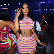 Fashion Polo Neck Short Sleeve Umbilical Stripe Contrast Knitted Short Fit Wrap Hip Skirt