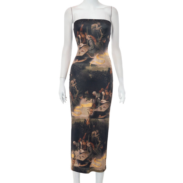 Sexy bra printed dress slim fitting long skirt