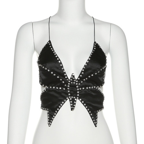 Fashion and Sexy Open Back Lace up Butterfly Hot Diamond Slim Fit Tank Top