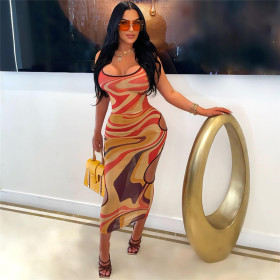 Fashionable and Sexy Hanging Strap Hollow Mesh Printed Slim Fit Dress