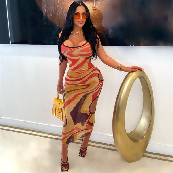Fashionable and Sexy Hanging Strap Hollow Mesh Printed Slim Fit Dress