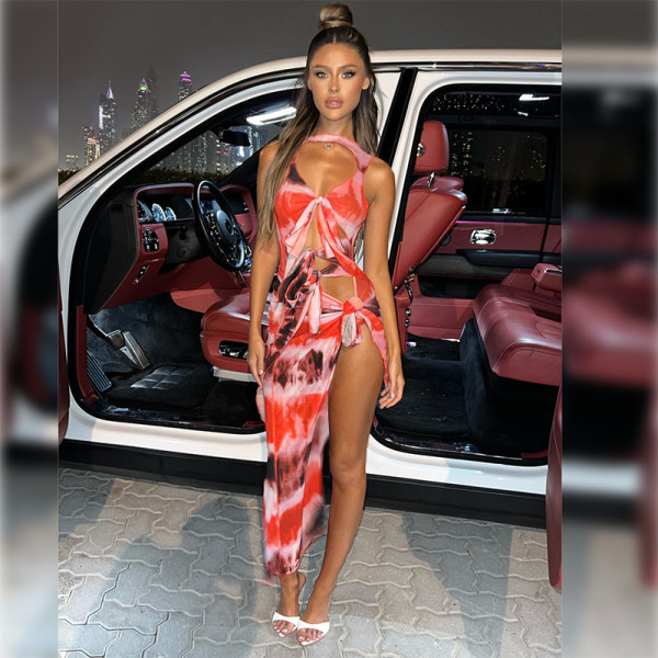 Printed Dress Sexy Split Perspective Mesh Skirt