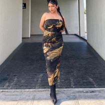 Sexy bra printed dress slim fitting long skirt