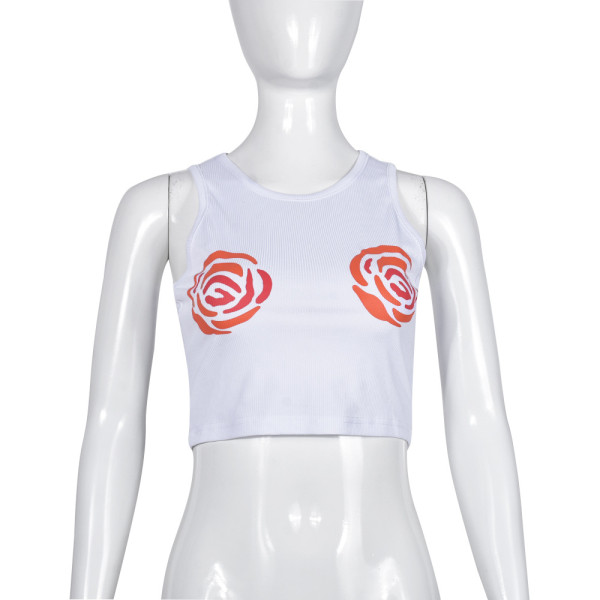 Round neck floral print with exposed navel sexy spicy girl vest