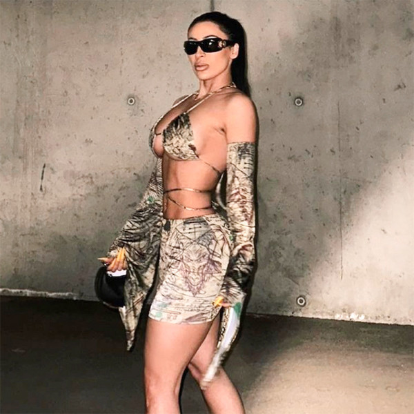 Printed Open Umbilical Flare Sleeve Beach Skirt Set