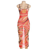 Fashionable and Sexy Hanging Strap Hollow Mesh Printed Slim Fit Dress