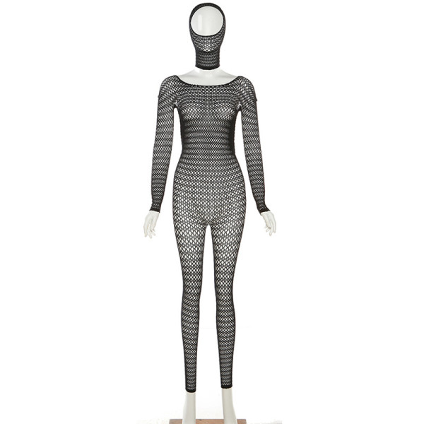 Sexy Mesh Perspective High Waist Hooded Long Sleeve Tight Off Back jumpsuit