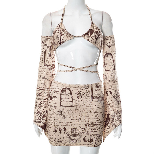 Printed Open Umbilical Flare Sleeve Beach Skirt Set