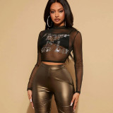 Hot Diamond Mesh Tight Short Open Navel Round Neck Short Sleeve T-shirt