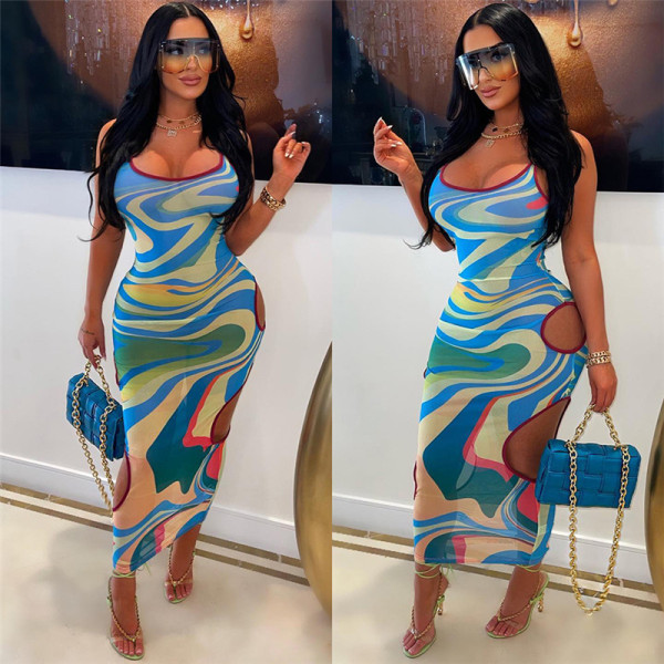 Fashionable and Sexy Hanging Strap Hollow Mesh Printed Slim Fit Dress