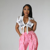 Printed letters, pins, straps, exposed navel, sexy hot girl top