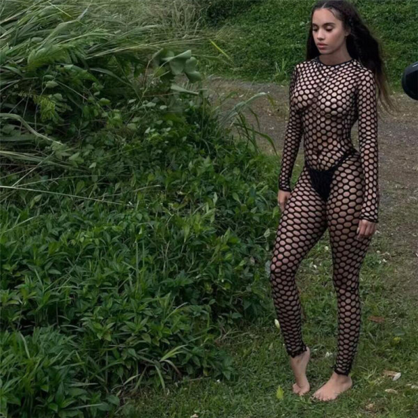 Women's Solid Color Long Sleeve Fishing Net Hollow Round Neck Slim Fit High Waist Wrap Hip Jumpsuit