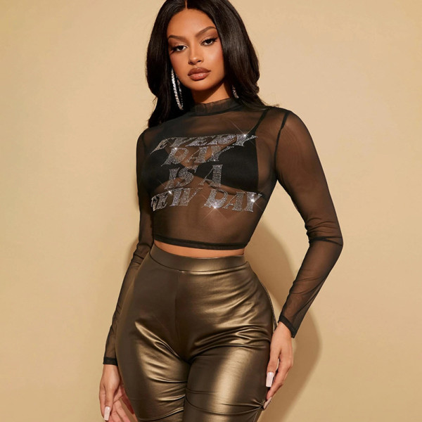 Hot Diamond Mesh Tight Short Open Navel Round Neck Short Sleeve T-shirt