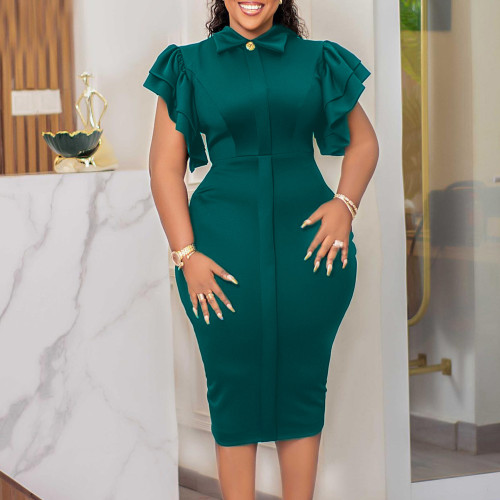 Fashionable and Elegant Tongle Ruffle Edge Wrapped Hip Large Dress