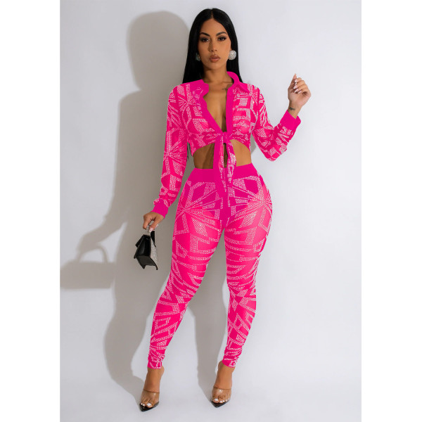 Fashion women's solid color mesh hot diamond long sleeved pants two-piece set