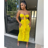 Fashion Solid Color Women's Chest Wrapping Pleated Ribbon Sleeveless Long Dress Two Piece Set