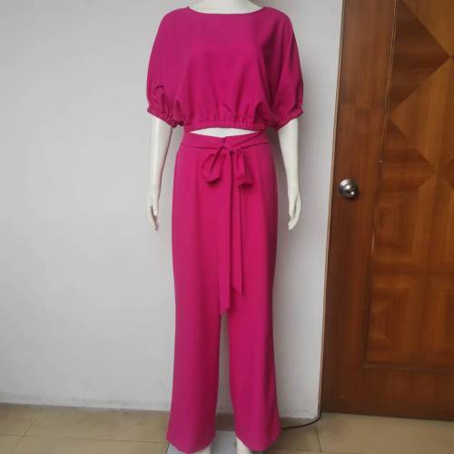 Fashion casual set, round neck, short sleeved top, lace up, high waisted pants, two-piece set