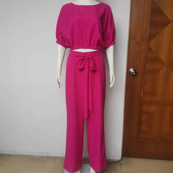 Fashion casual set, round neck, short sleeved top, lace up, high waisted pants, two-piece set