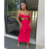 Fashion Solid Color Women's Chest Wrapping Pleated Ribbon Sleeveless Long Dress Two Piece Set