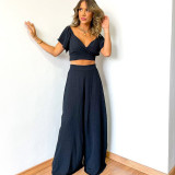 V-neck Ruffle Sleeve Short Sleeve Shirt High Waist Wide Leg Pants Large Casual Set