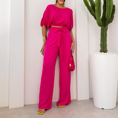 Fashion casual set, round neck, short sleeved top, lace up, high waisted pants, two-piece set