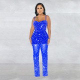 Fashion women's hot diamond mesh suspender sleeveless long pants jumpsuit