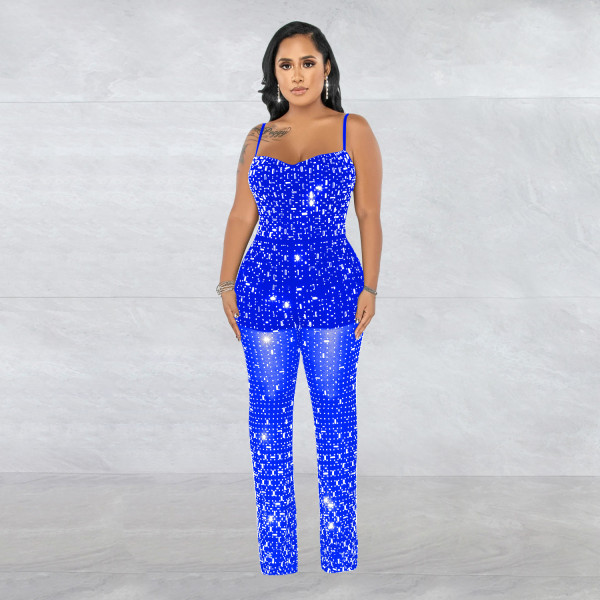Fashion women's hot diamond mesh suspender sleeveless long pants jumpsuit
