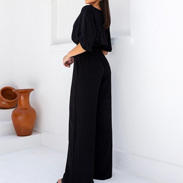 Fashion casual set, round neck, short sleeved top, lace up, high waisted pants, two-piece set