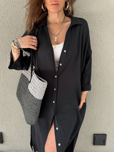 Long shirt style dress, loose single breasted, lazy style, pocket insertion style, long shirt
