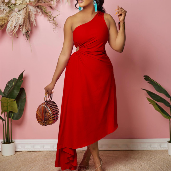 Single Shoulder Hollow Solid Irregular Large Dress