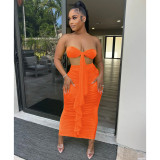 Fashion Solid Color Women's Chest Wrapping Pleated Ribbon Sleeveless Long Dress Two Piece Set