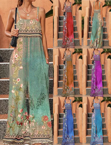 Cross border loose print retro ethnic style jumpsuit for women
