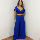 V-neck Ruffle Sleeve Short Sleeve Shirt High Waist Wide Leg Pants Large Casual Set