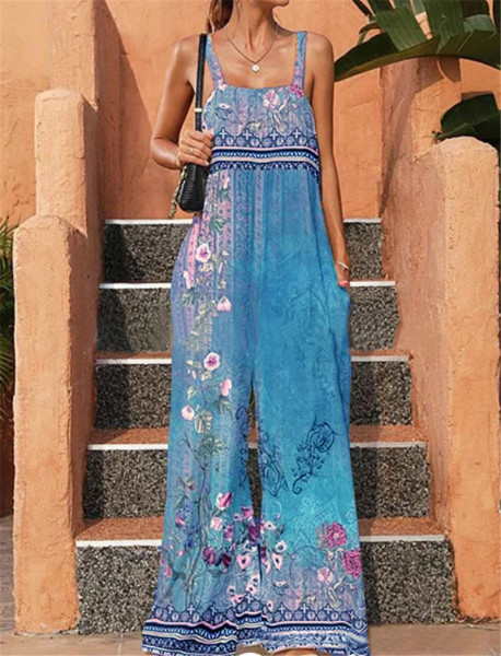Cross border loose print retro ethnic style jumpsuit for women