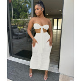 Fashion Solid Color Women's Chest Wrapping Pleated Ribbon Sleeveless Long Dress Two Piece Set