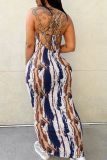 Women's colored graffiti low cut dress long skirt